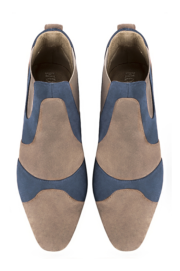 Tan beige and denim blue women's ankle boots, with elastics. Round toe. Low flare heels. Top view - Florence KOOIJMAN